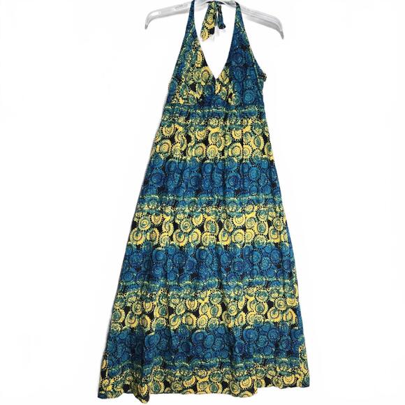 Old Navy Dresses & Skirts - Old Navy Y2K Halter Maxi Dress XL Linen Blend Blue Yellow Boho Medallion Print